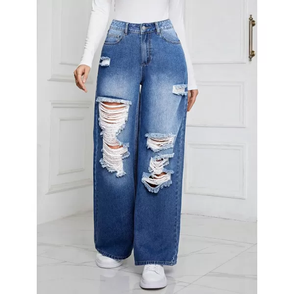 WDIRARA Women's High Waist Ripped Wide Leg Baggy Jeans Distressed Denim Pants
