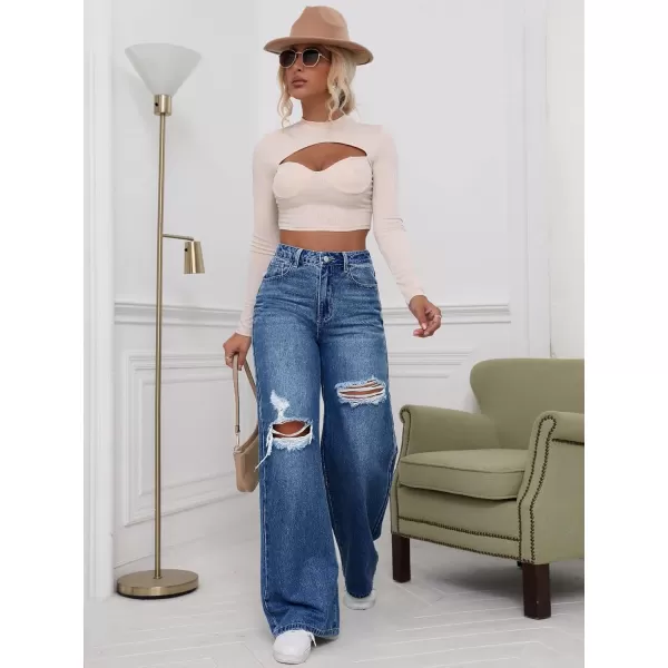 WDIRARA Women's High Waist Ripped Wide Leg Baggy Jeans Distressed Denim Pants