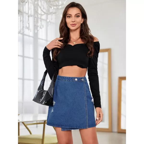 WDIRARA Women's High Waisted A-Line Button Wrap Denim Jean Skirt Mini Skirt
