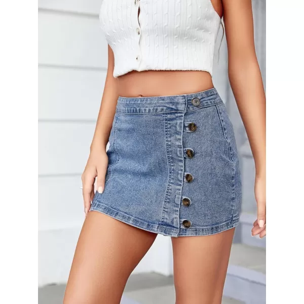 WDIRARA Women's High Waisted A-Line Button Wrap Denim Jean Skirt Mini Skirt