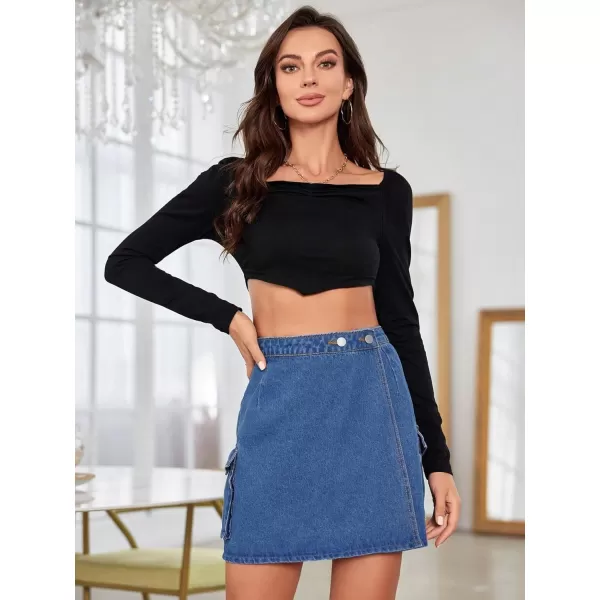 WDIRARA Women's High Waisted A-Line Button Wrap Denim Jean Skirt Mini Skirt