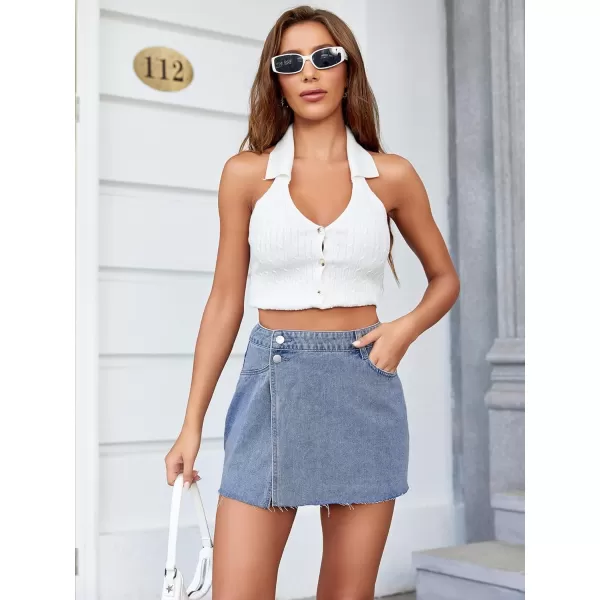 WDIRARA Women's High Waisted A-Line Button Wrap Denim Jean Skirt Mini Skirt