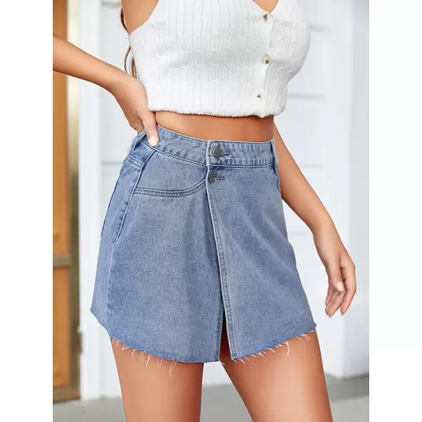 WDIRARA Women's High Waisted A-Line Button Wrap Denim Jean Skirt Mini Skirt