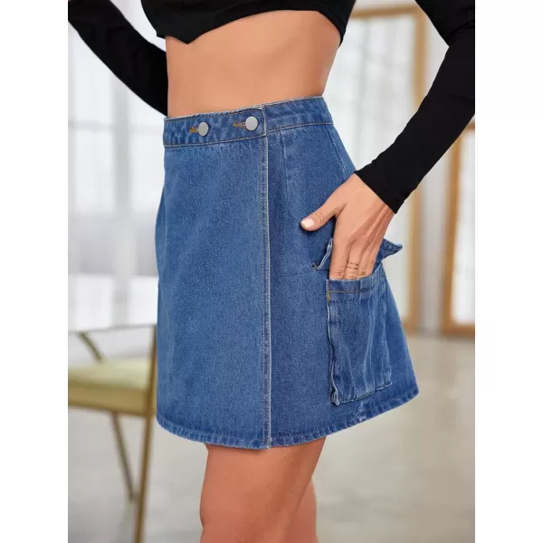 WDIRARA Women's High Waisted A-Line Button Wrap Denim Jean Skirt Mini Skirt
