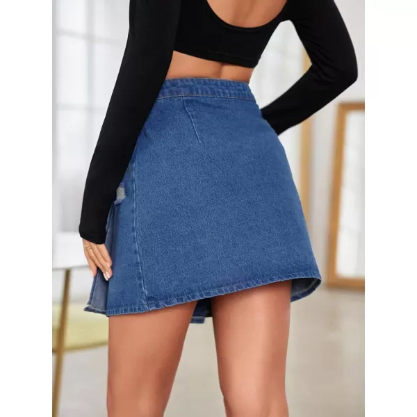 WDIRARA Women's High Waisted A-Line Button Wrap Denim Jean Skirt Mini Skirt