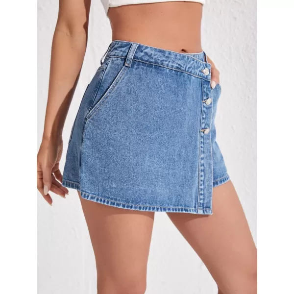 WDIRARA Women's High Waisted Button Front Denim Skort Asymmetrical Hem Skirt Shorts