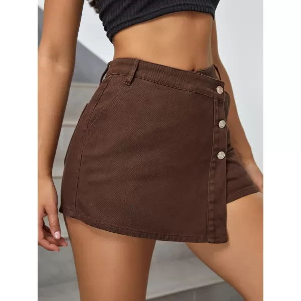 WDIRARA Women's High Waisted Button Front Denim Skort Asymmetrical Hem Skirt Shorts