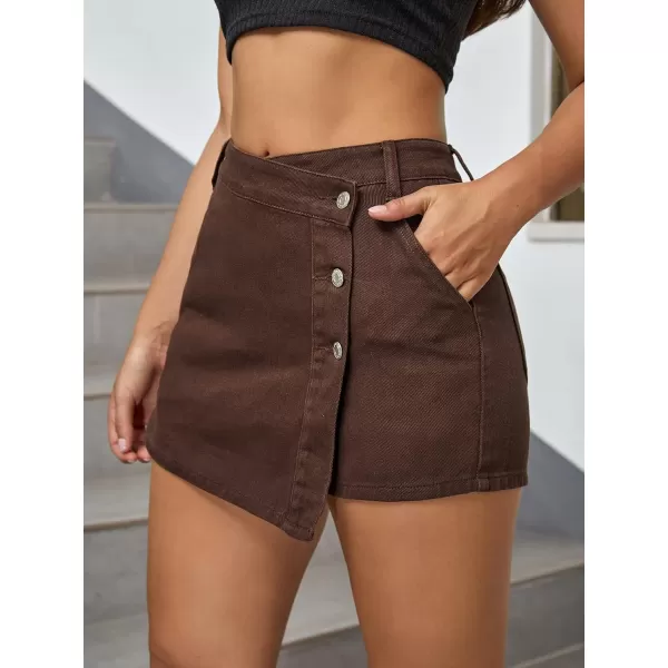 WDIRARA Women's High Waisted Button Front Denim Skort Asymmetrical Hem Skirt Shorts