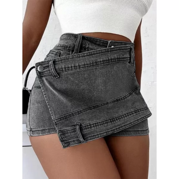 WDIRARA Women's High Waisted Button Front Denim Skort Asymmetrical Hem Skirt Shorts