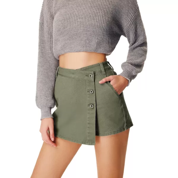 WDIRARA Women's High Waisted Button Front Denim Skort Asymmetrical Hem Skirt Shorts