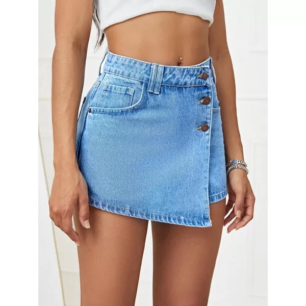 WDIRARA Women's High Waisted Button Front Denim Skort Asymmetrical Hem Skirt Shorts