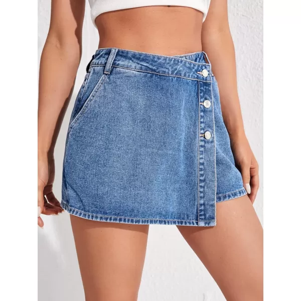 WDIRARA Women's High Waisted Button Front Denim Skort Asymmetrical Hem Skirt Shorts