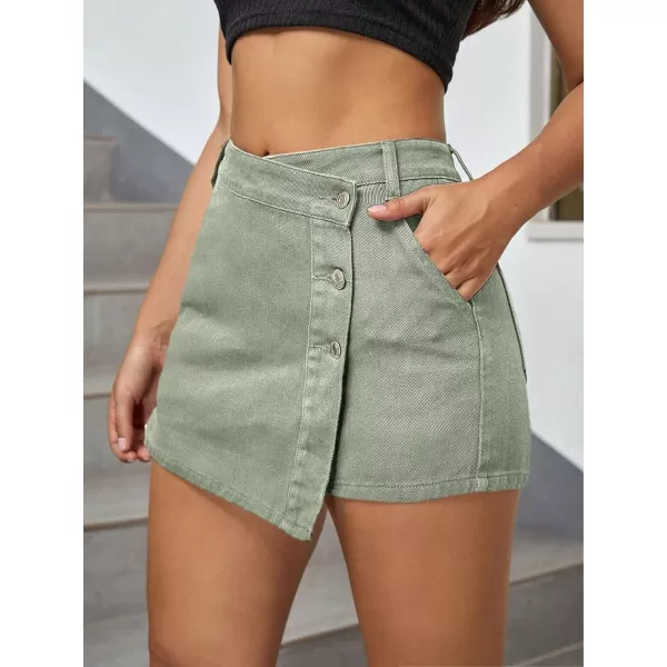 WDIRARA Women's High Waisted Button Front Denim Skort Asymmetrical Hem Skirt Shorts