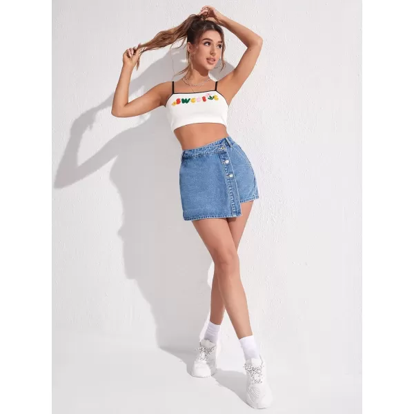 WDIRARA Women's High Waisted Button Front Denim Skort Asymmetrical Hem Skirt Shorts