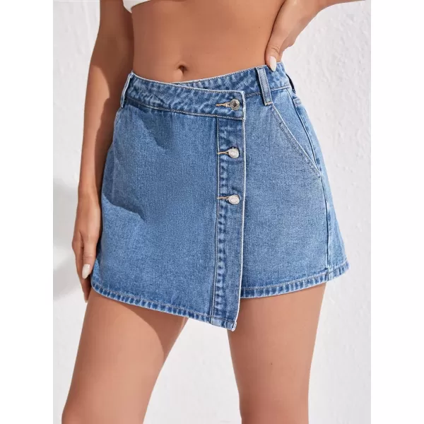 WDIRARA Women's High Waisted Button Front Denim Skort Asymmetrical Hem Skirt Shorts