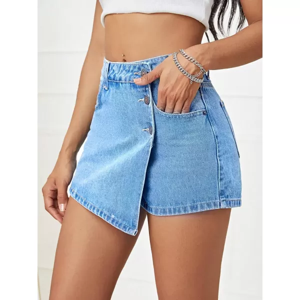 WDIRARA Women's High Waisted Button Front Denim Skort Asymmetrical Hem Skirt Shorts