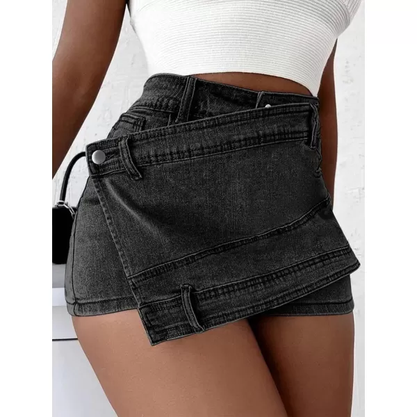 WDIRARA Women's High Waisted Button Front Denim Skort Asymmetrical Hem Skirt Shorts