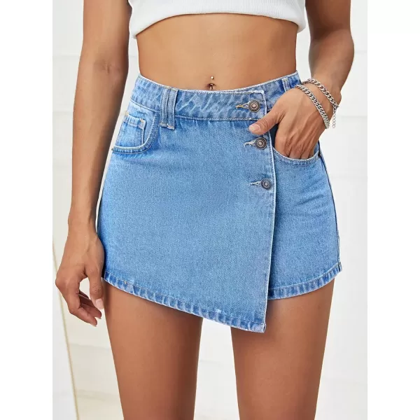 WDIRARA Women's High Waisted Button Front Denim Skort Asymmetrical Hem Skirt Shorts