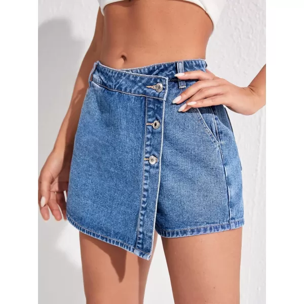 WDIRARA Women's High Waisted Button Front Denim Skort Asymmetrical Hem Skirt Shorts