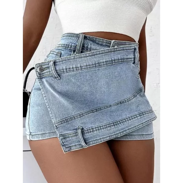 WDIRARA Women's High Waisted Button Front Denim Skort Asymmetrical Hem Skirt Shorts