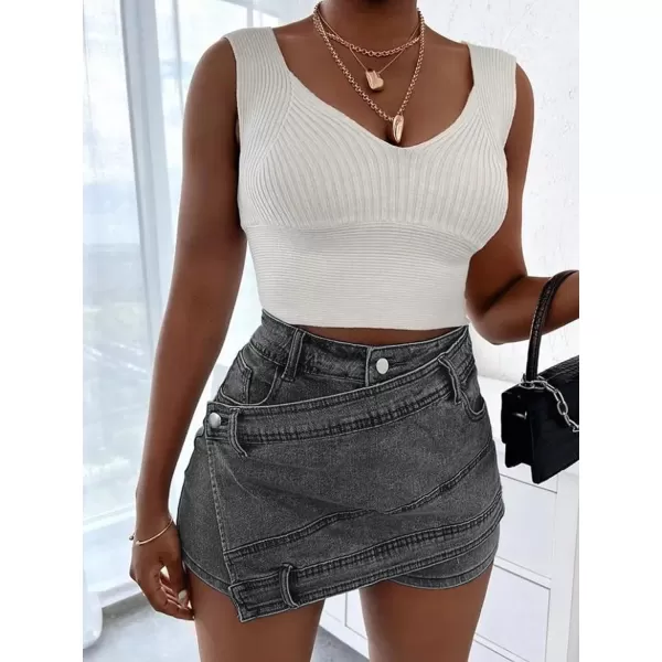 WDIRARA Women's High Waisted Button Front Denim Skort Asymmetrical Hem Skirt Shorts
