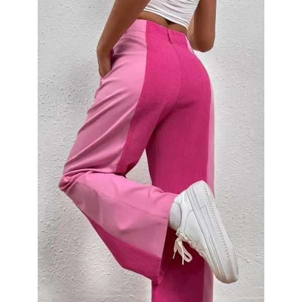 WDIRARA Women's High Waisted Color Block Straight Leg Casual Loose Pants with Pocket