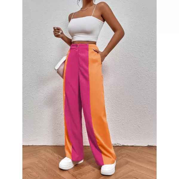 WDIRARA Women's High Waisted Color Block Straight Leg Casual Loose Pants with Pocket