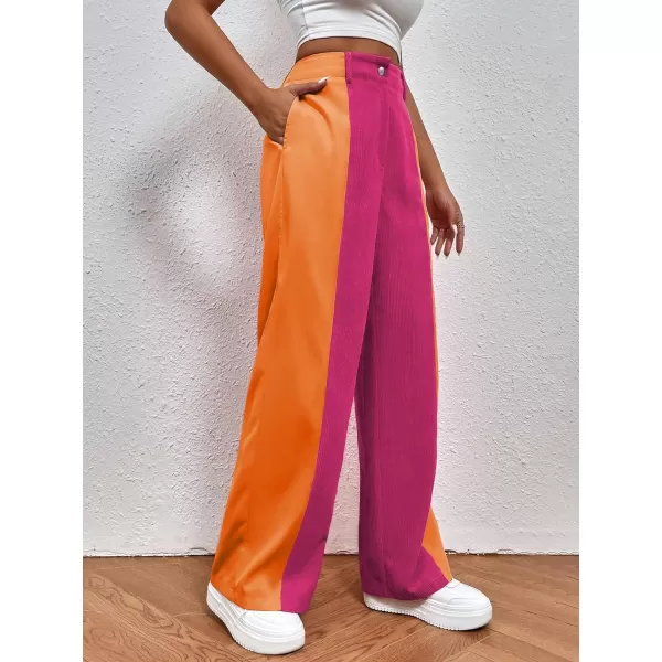 WDIRARA Women's High Waisted Color Block Straight Leg Casual Loose Pants with Pocket