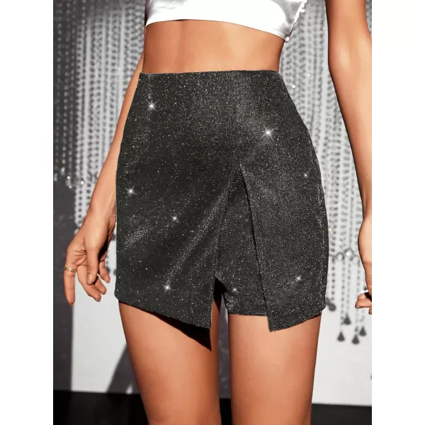WDIRARA Women's High Waisted Glitter Skort Asymmetrical Wrap Split Hem Bodycon Party Club Skirt Shorts