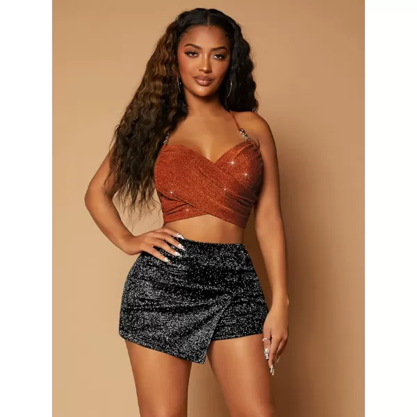 WDIRARA Women's High Waisted Glitter Skort Asymmetrical Wrap Split Hem Bodycon Party Club Skirt Shorts