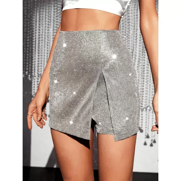 WDIRARA Women's High Waisted Glitter Skort Asymmetrical Wrap Split Hem Bodycon Party Club Skirt Shorts