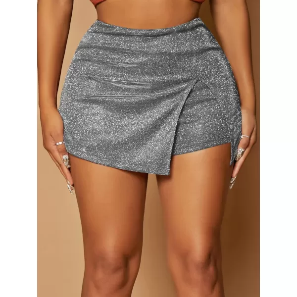 WDIRARA Women's High Waisted Glitter Skort Asymmetrical Wrap Split Hem Bodycon Party Club Skirt Shorts