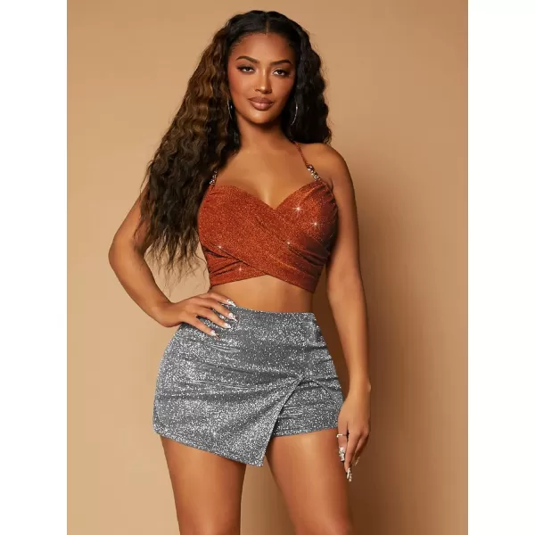WDIRARA Women's High Waisted Glitter Skort Asymmetrical Wrap Split Hem Bodycon Party Club Skirt Shorts