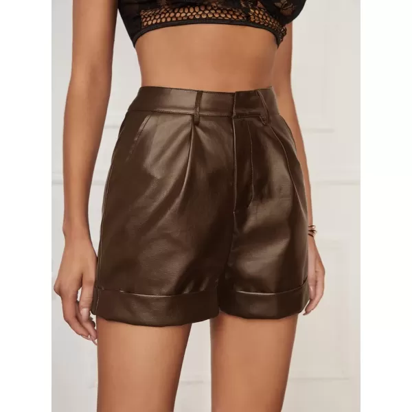 WDIRARA Women's High Waisted PU Leather Shorts Roll Hem Shorts with Pockets