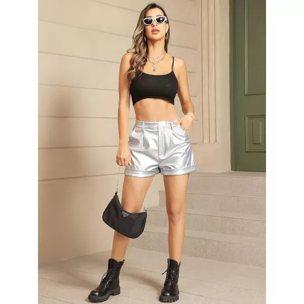 WDIRARA Women's High Waisted PU Leather Shorts Roll Hem Shorts with Pockets