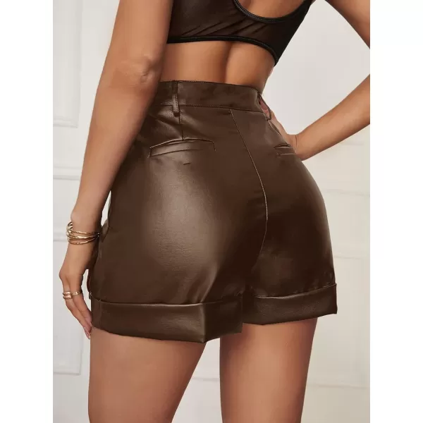 WDIRARA Women's High Waisted PU Leather Shorts Roll Hem Shorts with Pockets