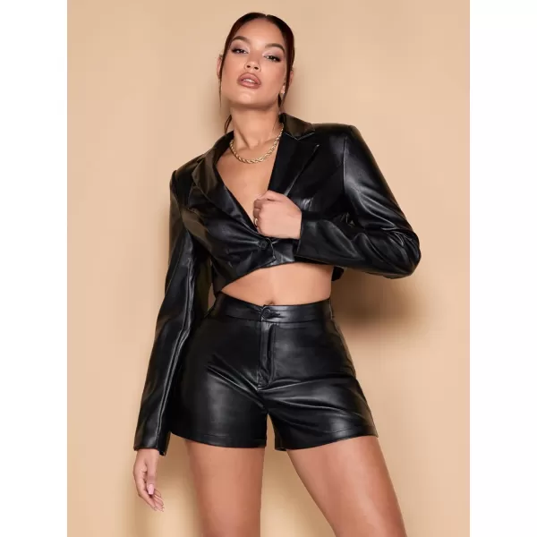 WDIRARA Women's High Waisted PU Leather Shorts Roll Hem Shorts with Pockets