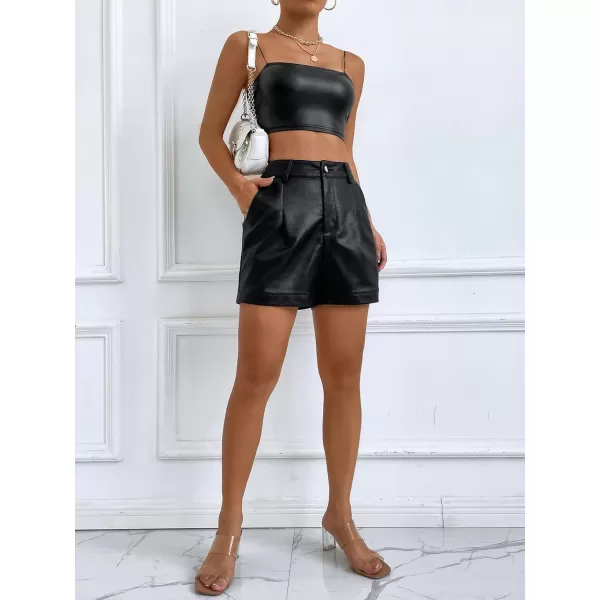 WDIRARA Women's High Waisted PU Leather Shorts Roll Hem Shorts with Pockets