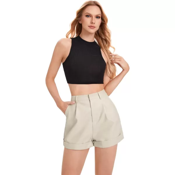 WDIRARA Women's High Waisted PU Leather Shorts Roll Hem Shorts with Pockets
