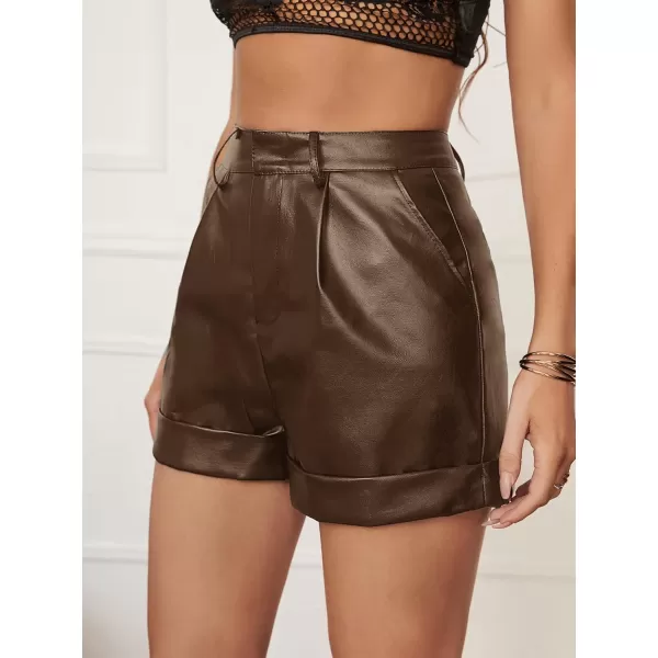 WDIRARA Women's High Waisted PU Leather Shorts Roll Hem Shorts with Pockets