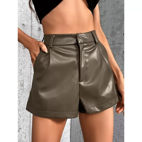WDIRARA Women's High Waisted PU Leather Shorts Roll Hem Shorts with Pockets