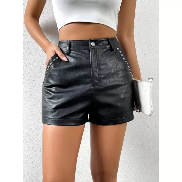 WDIRARA Women's High Waisted PU Leather Shorts Roll Hem Shorts with Pockets