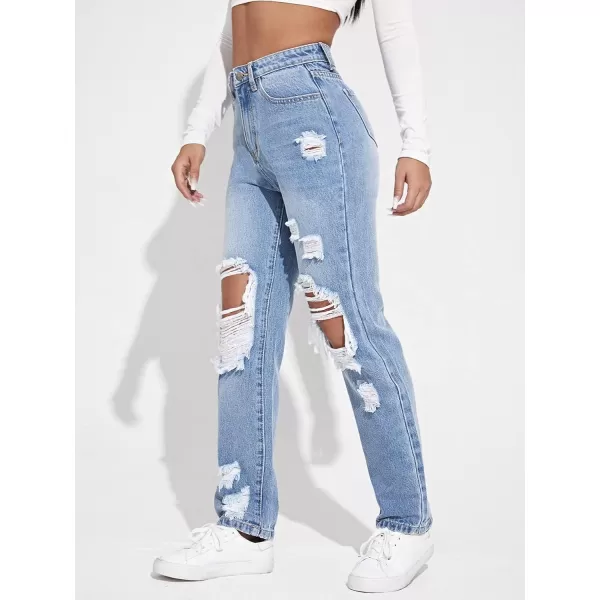 WDIRARA Women's High Waisted Ripped Straight Leg Jeans Cut Out Button Denim Pants
