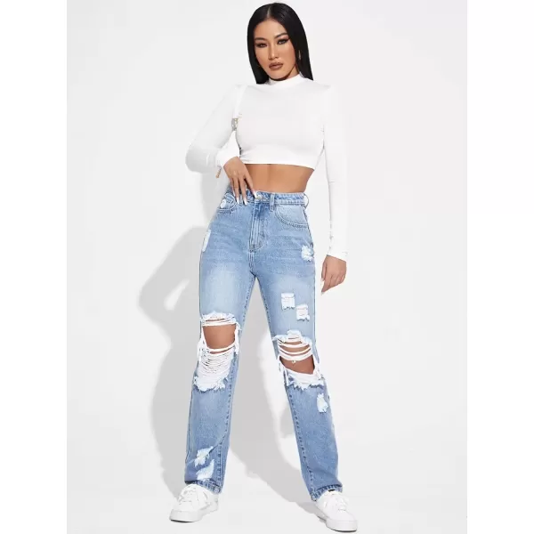 WDIRARA Women's High Waisted Ripped Straight Leg Jeans Cut Out Button Denim Pants