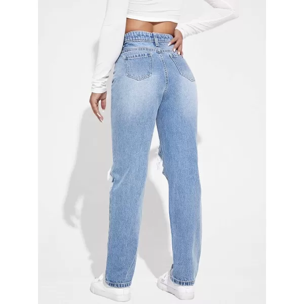 WDIRARA Women's High Waisted Ripped Straight Leg Jeans Cut Out Button Denim Pants