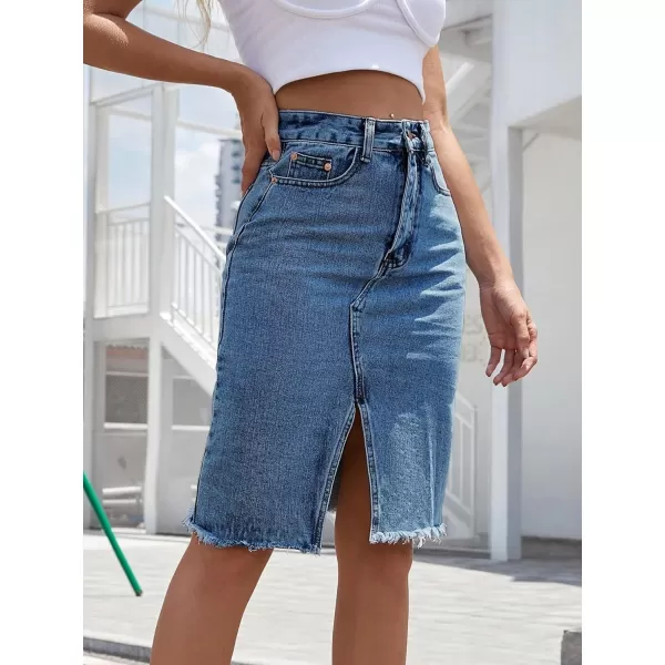 WDIRARA Women's High Waisted Split Front Raw Hem Bodycon Midi Denim Skirt
