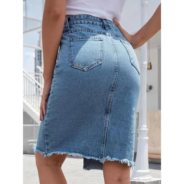 WDIRARA Women's High Waisted Split Front Raw Hem Bodycon Midi Denim Skirt