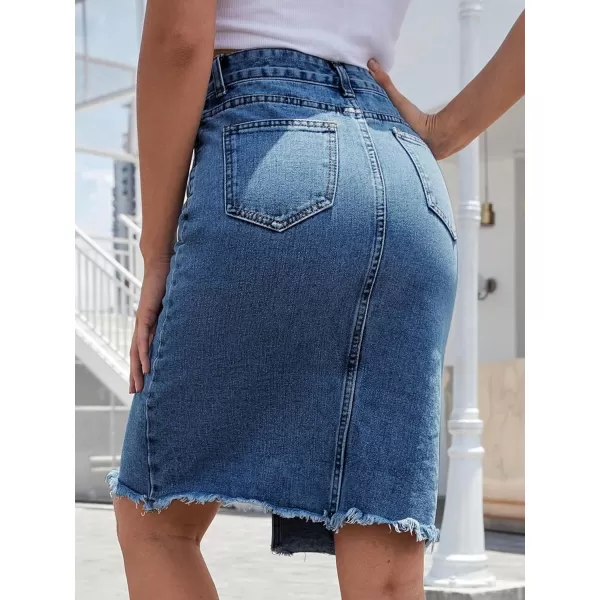 WDIRARA Women's High Waisted Split Front Raw Hem Bodycon Midi Denim Skirt