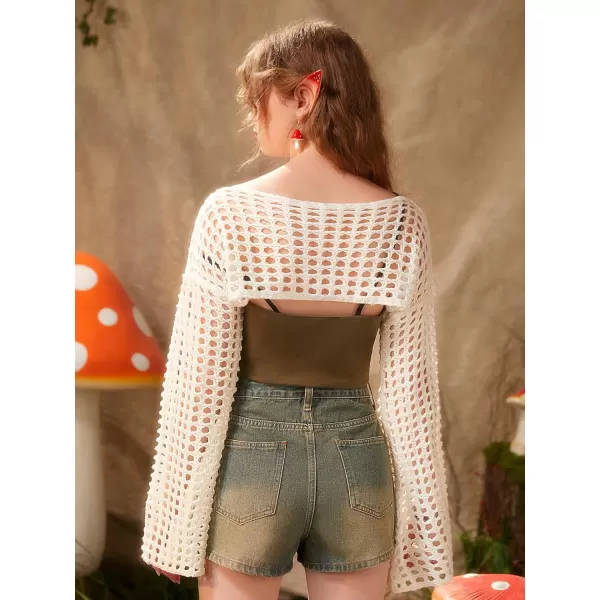 WDIRARA Women's Hollow Out Crochet Boat Neck Long Sleeve Pullovers Drop Shoulder Crop Sweater