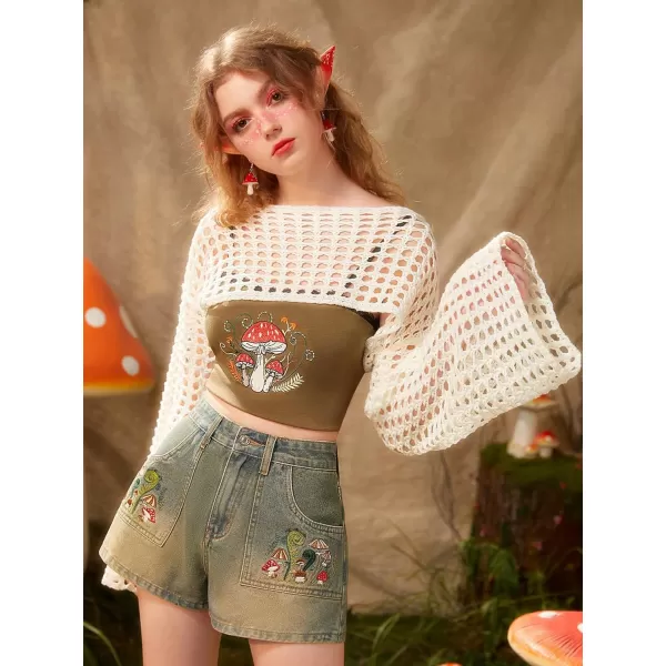 WDIRARA Women's Hollow Out Crochet Boat Neck Long Sleeve Pullovers Drop Shoulder Crop Sweater